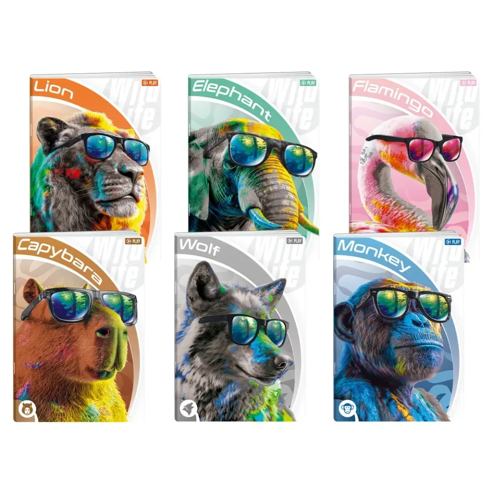 Caiet Play Wild Life Premium, A4, cu linii late, hârtie offset, copertă moale, 40 file, diverse, 1 bucată