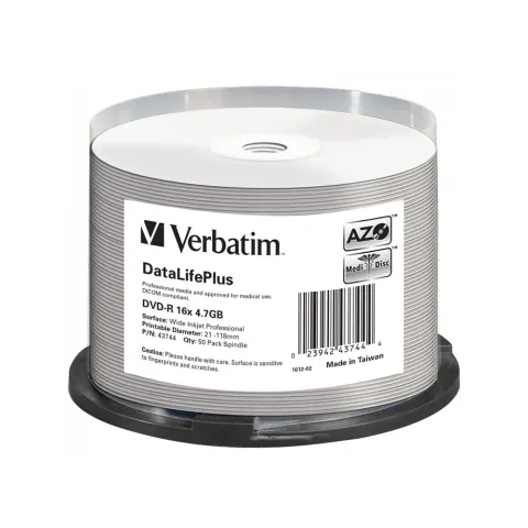 Verbatim DVD-R, 4.7 GB, 16x, suprafață AZO, DL+ pentru uz medical, 50 de bucăți, ambalaj tip spindle