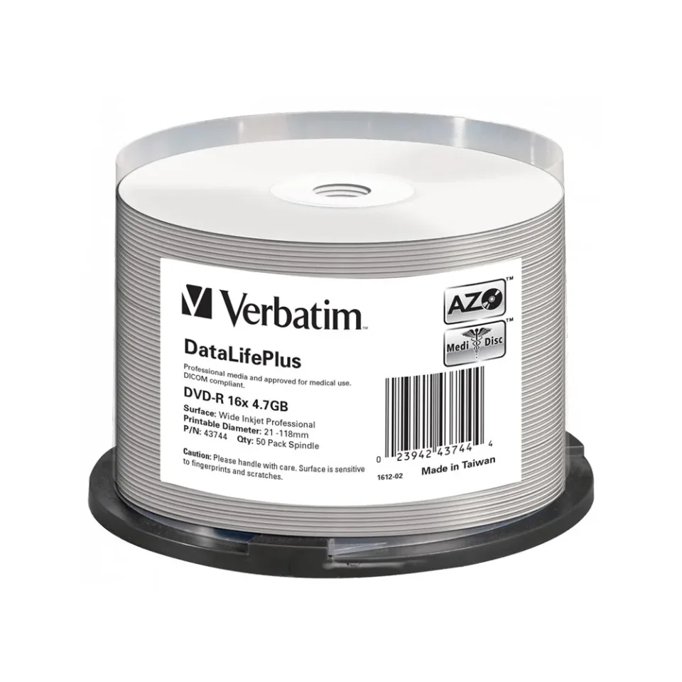 Verbatim DVD-R, 4.7 GB, 16x, suprafață AZO, DL+ pentru uz medical, 50 de bucăți, ambalaj tip spindle
