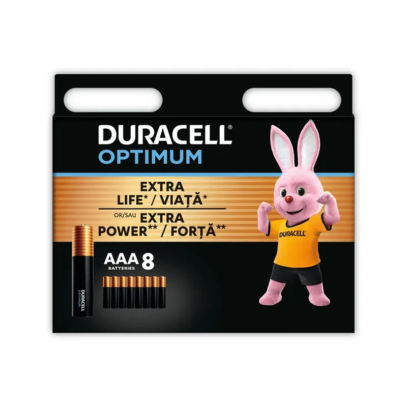 Baterie alcalină Duracell Optimum, AAA, LR03, 1.5 V, 8 bucăți