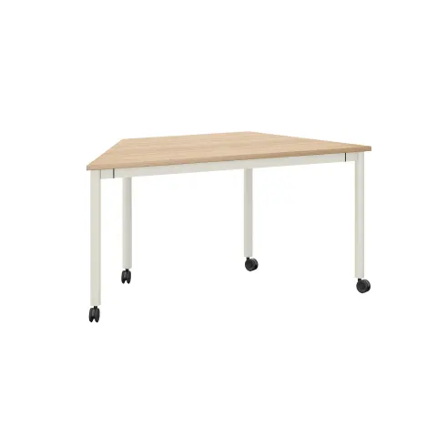 Masă trapezoidală RFG Uni, cu roți, 1530 x 695 x 750 mm, PAL de 25 mm, blat stejar deschis, structură metalică albă