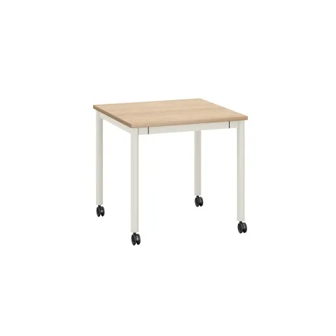 Masă pătrată RFG Uni, cu roți, 800 x 800 x 750 mm, PAL de 25 mm, blat stejar deschis, cadru metalic alb