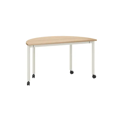 Masă semicirculară RFG Uni, cu roți, 1398 x 700 x 750 mm, blat din PAL de 25 mm, stejar deschis, cadru metalic alb