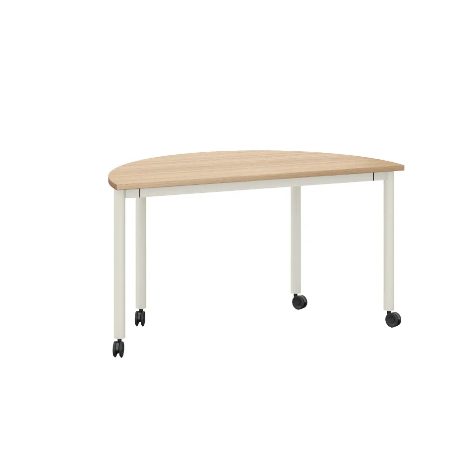Masă semicirculară RFG Uni, cu roți, 1398 x 700 x 750 mm, blat din PAL de 25 mm, stejar deschis, cadru metalic alb