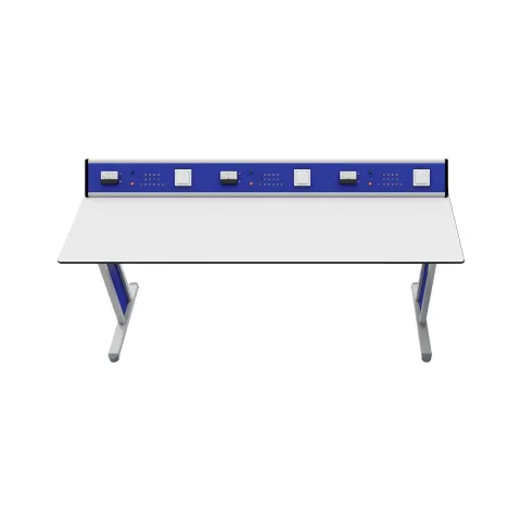 Masă de laborator pentru elevi RFG, cu blat plat, pentru clasele VIII–XII, 180 x 60 x 75 cm, albastră și albă
