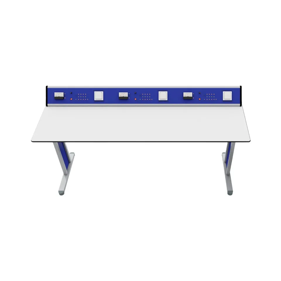 Masă de laborator pentru elevi RFG, cu blat plat, pentru clasele VIII–XII, 180 x 60 x 75 cm, albastră și albă
