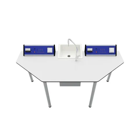 Masă de laborator RFG Quin pentru chimie și biologie, pentru clasele VII+, 170 x 70 x 75 cm, albastră și albă