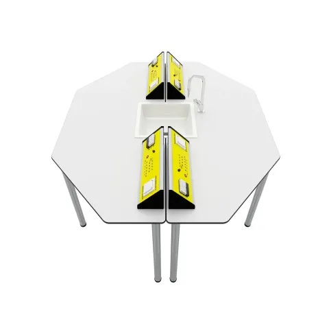 Masă hexagonală de laborator pentru elevi RFG Hexa, pentru clasele peste a VII-a, 170 x 140 x 75 cm, galbenă și albă