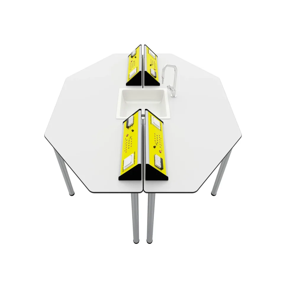 Masă hexagonală de laborator pentru elevi RFG Hexa, pentru clasele peste a VII-a, 170 x 140 x 75 cm, galbenă și albă