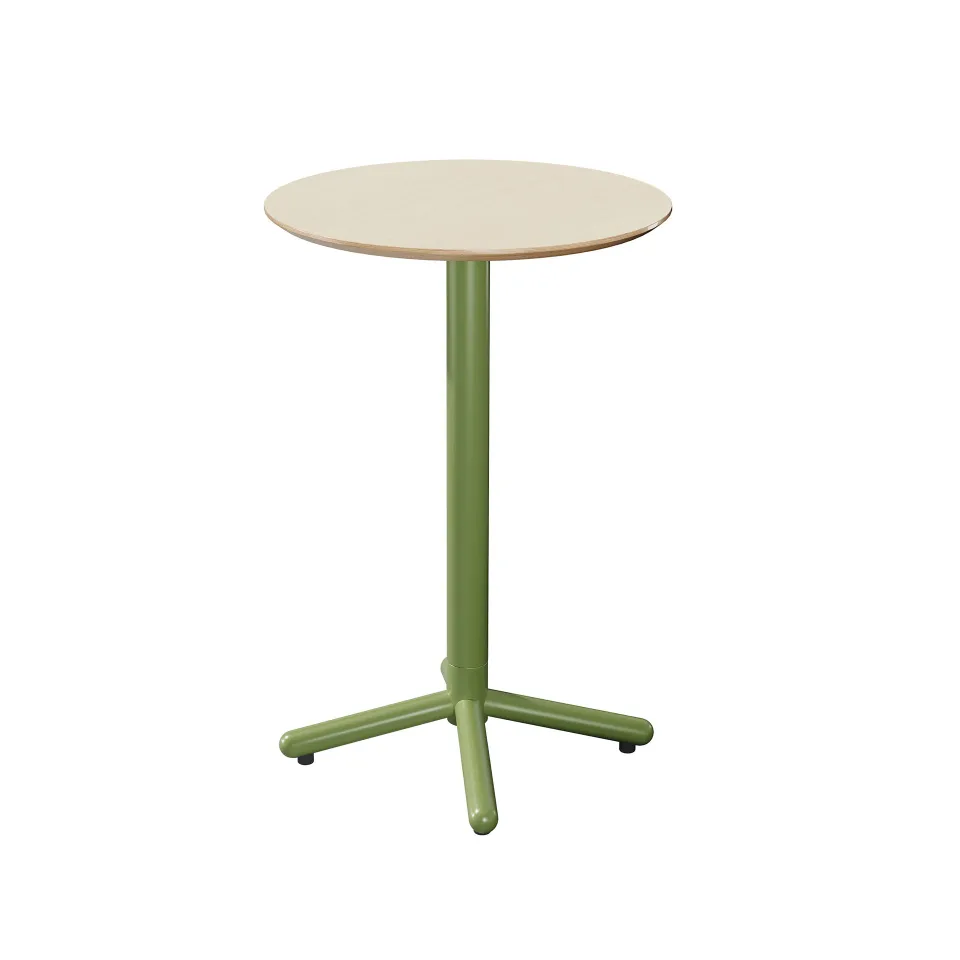 Masă înaltă rotundă RFG Loop, 600 x 600 x 1050 mm, placaj de 25 mm, fag deschis, picioare metalice verzi