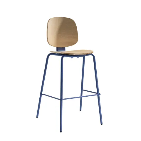 Scaun de bar RFG Loop, placaj, fag deschis, picioare metalice albastre, set de 4
