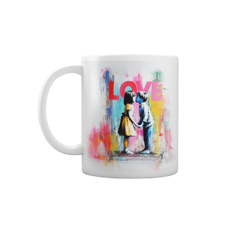 Cană Gift&Go Love – în stil Banksy, ceramică, clasa AA, albă, 330 ml, în cutie