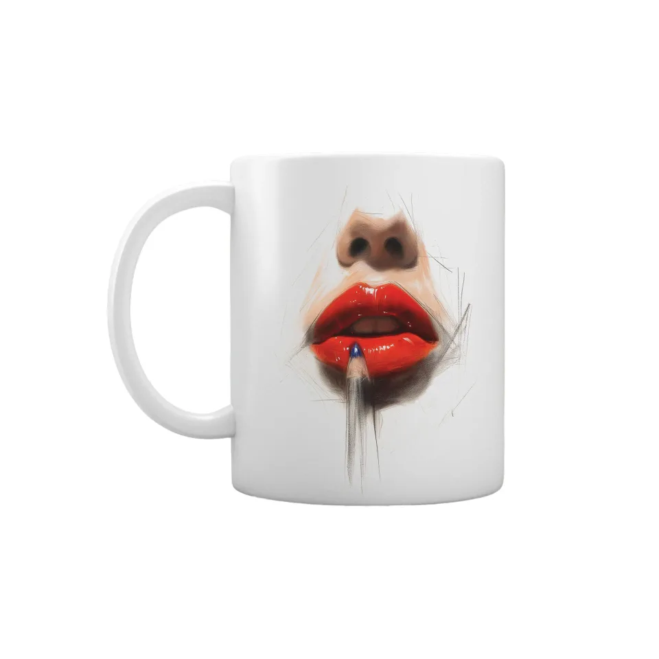 Gift&Go Cană Love - Creion și buze, ceramică, clasa AA, albă, 330 ml, în cutie