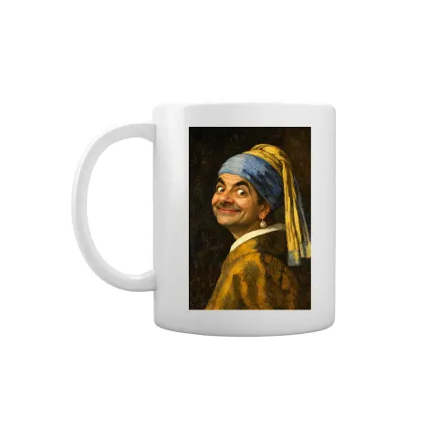 Gift&Go Mug Fun - Mr. Bean cu cercei, ceramică, clasa AA, albă, 330 ml, în cutie
