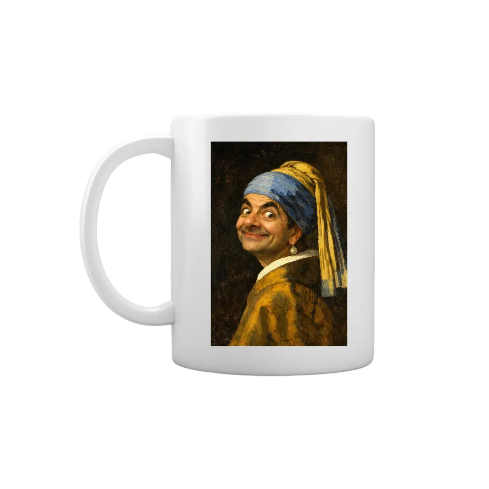 Gift&Go Mug Fun - Mr. Bean cu cercei, ceramică, clasa AA, albă, 330 ml, în cutie