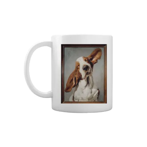 Gift&Go Cană amuzantă - Câine Basset într-o ramă, ceramică, clasa AA, albă, 330 ml, în cutie