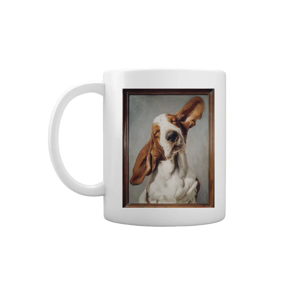 Gift&Go Cană amuzantă - Câine Basset într-o ramă, ceramică, clasa AA, albă, 330 ml, în cutie