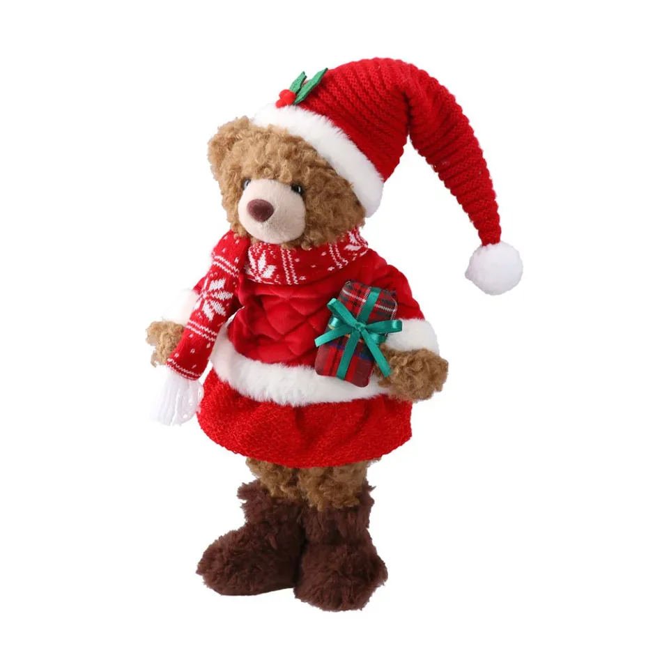 Ursuleț decorativ de Crăciun Festa Winter Coco, cu cadou, 40 cm, roșu