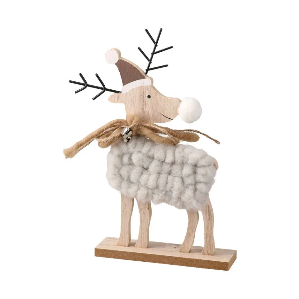Festa Ren decorativ din lemn cu pluș, 21.5 cm, bej