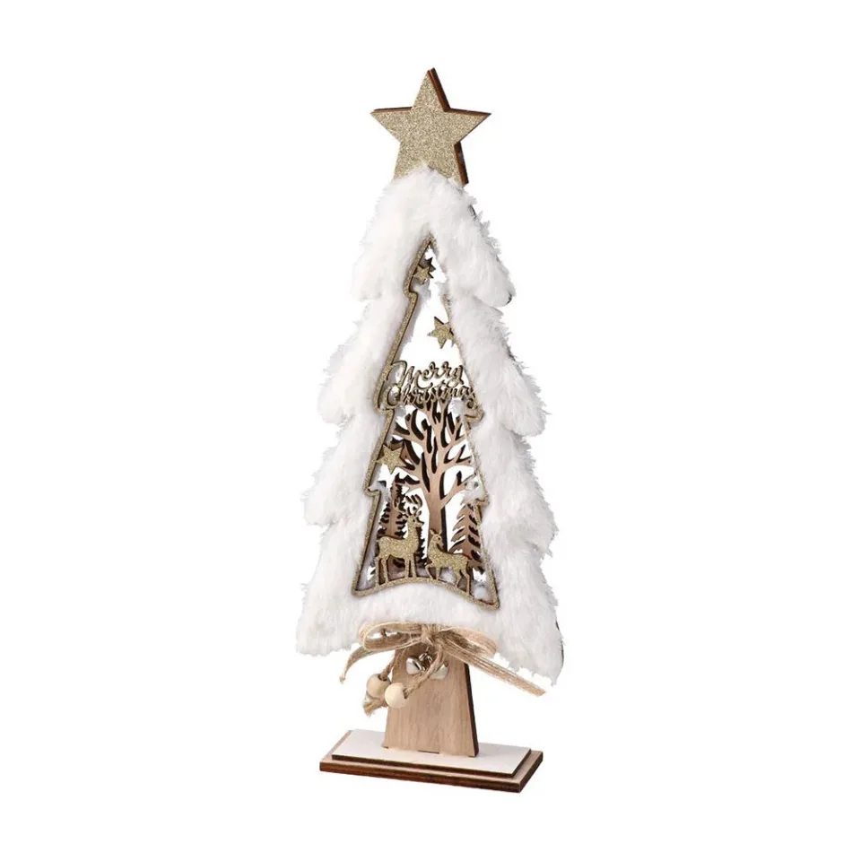 Festa – brad de Crăciun decorativ din lemn cu pluș, 30 cm, bej