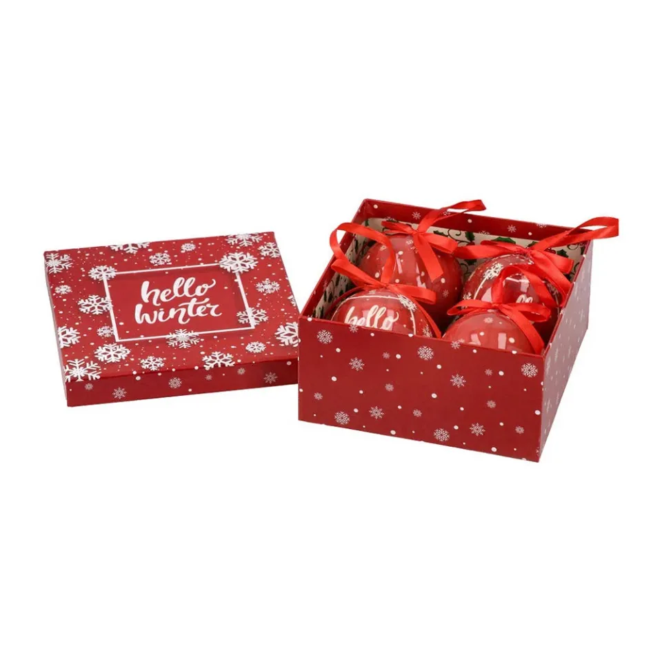 Festa Bun venit, iarnă – set de globuri de Crăciun, 7.5 cm, 4 bucăți în cutie, roșii