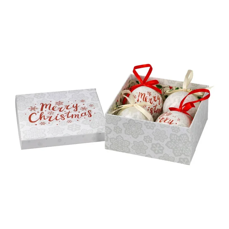 Festa Set de globuri de Crăciun „Crăciun fericit”, 7.5 cm, 4 bucăți în cutie, alb