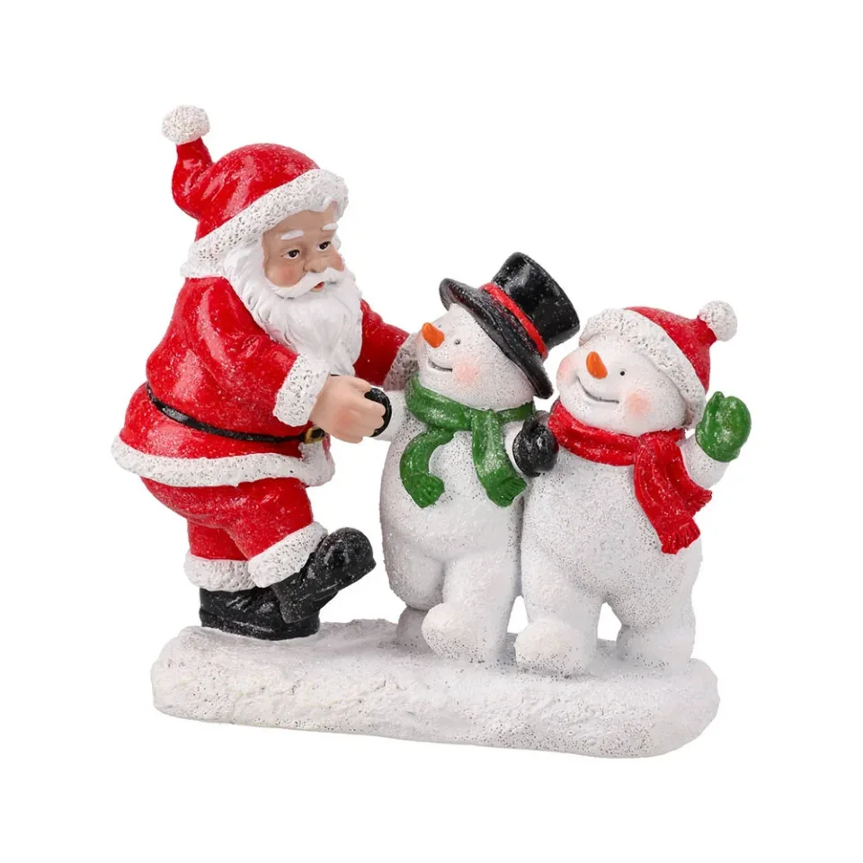Figurină ceramică Festa cu Moș Crăciun și om de zăpadă, 15 cm