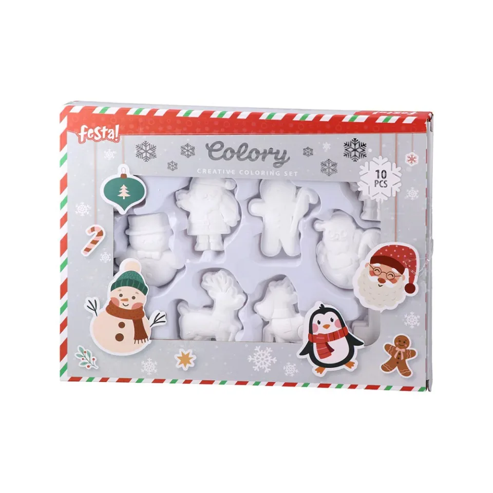 Figurine de Crăciun Festa pentru pictat, 10 bucăți, pensulă și vopsele incluse