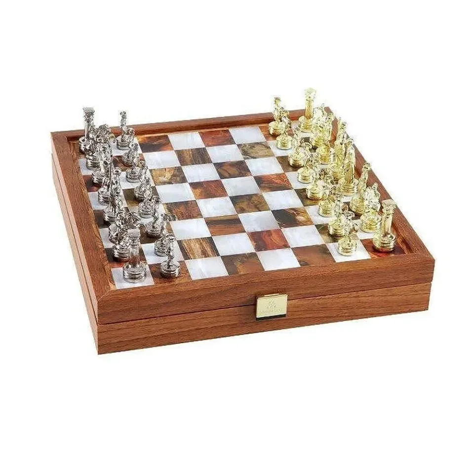 Set de șah de lux Manopoulos, piese aurii și argintii, 27 x 27 cm